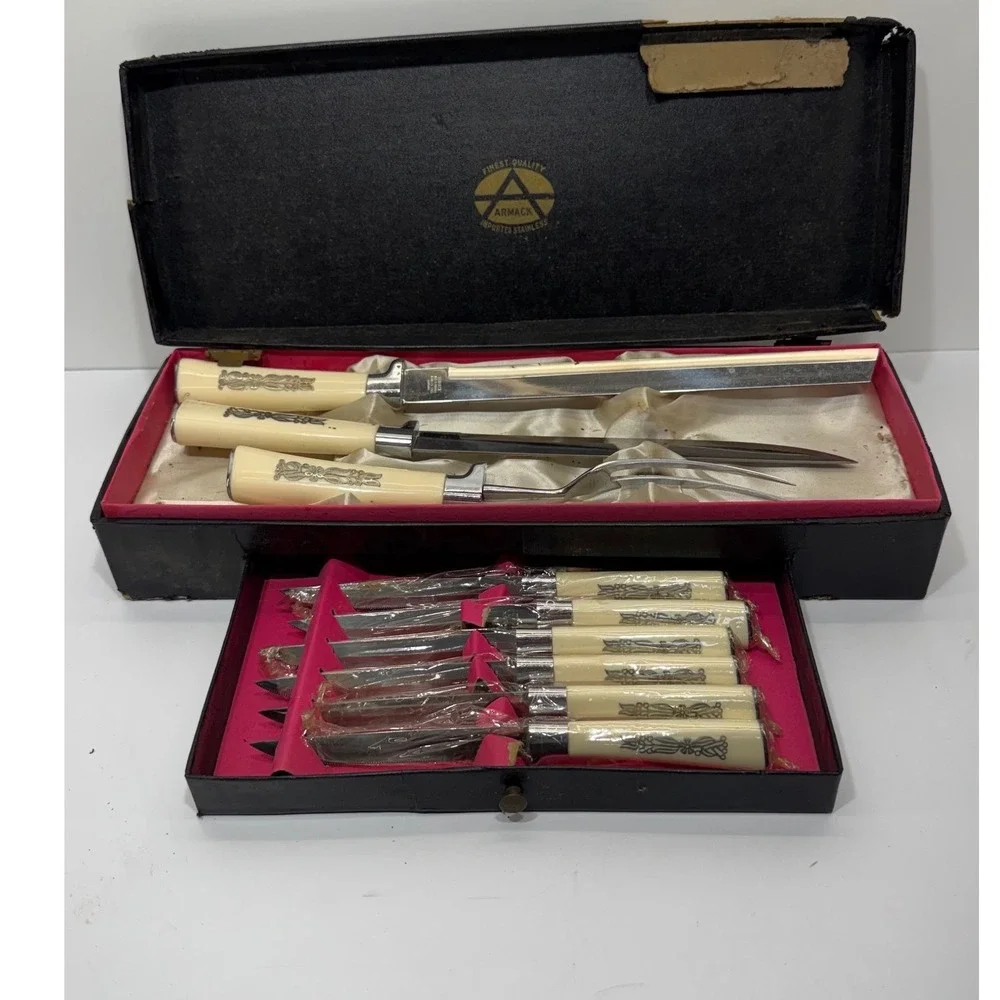 Armack Solingen Germany Vintage 9pc Steak Knife Carving Set Cream Floral Handles